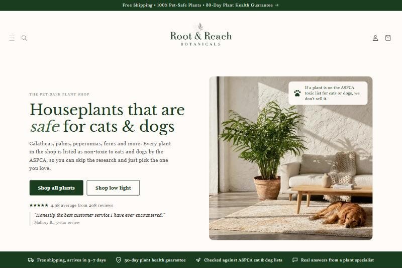 Root & Reach Botanicals pet-safe houseplant shop homepage